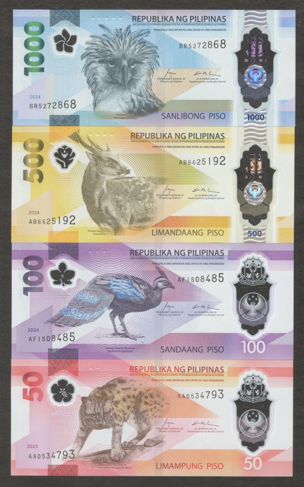 Philippines Full Set 4 Pcs 50 100 500 1000 Pesos P-237 to P-241 2024 2025 UNC