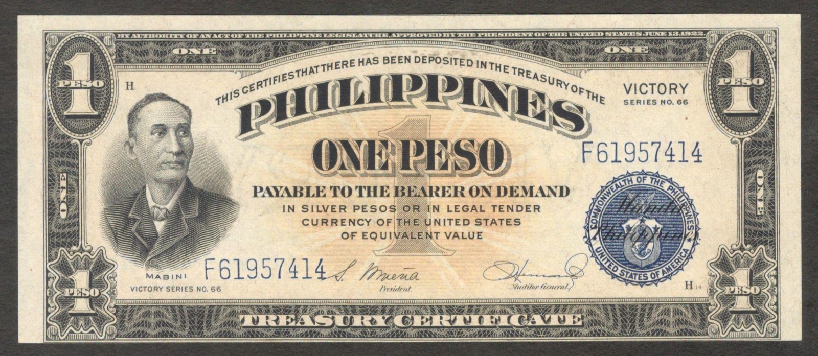 Philippines 1 Peso Victory Series Apolinario Mabini P-94 1944 GEM UNC