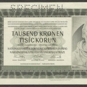Czechoslovakia Bohemia & Moravia 1,000 1000 Korun Specimen P-15s 1942 aUNC+/UNC-