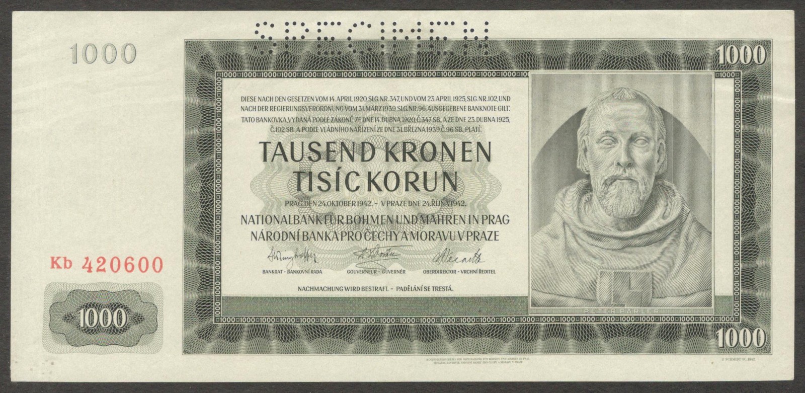 Czechoslovakia Bohemia & Moravia 1,000 1000 Korun Specimen P-15s 1942 aUNC+/UNC-
