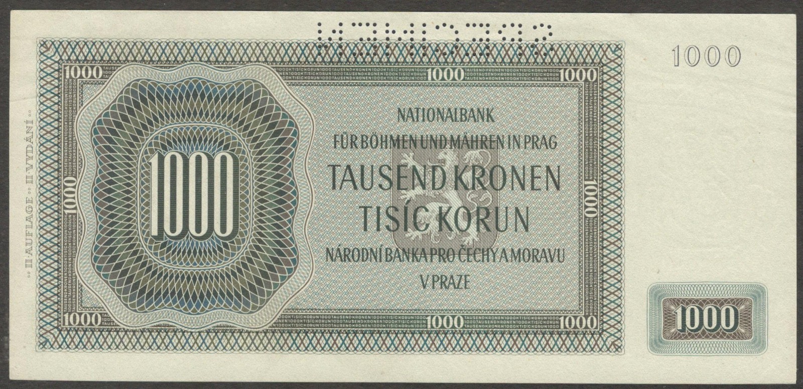 Czechoslovakia Bohemia & Moravia 1,000 1000 Korun Specimen P-15s 1942 aUNC+/UNC- - Image 2