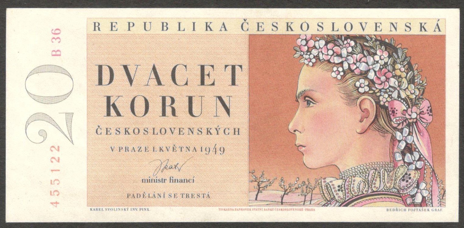 Czechoslovakia 20 Korun Without Perforation No Fibres on Margin P-70b 1949 UNC