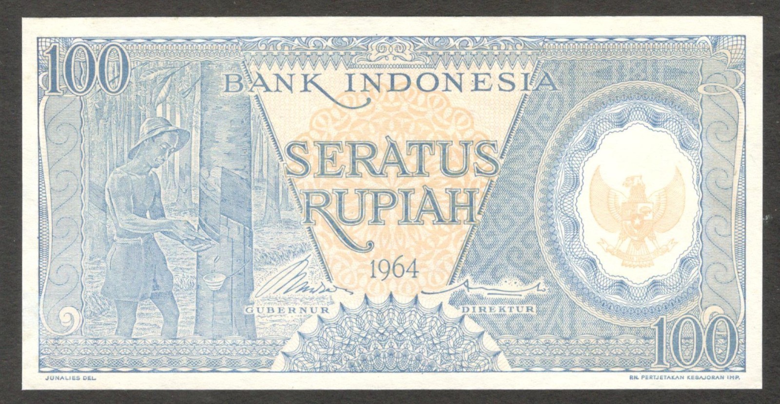 Indonesia 100 Rupiah Rubber Worker Blue P-98 1964 UNC-