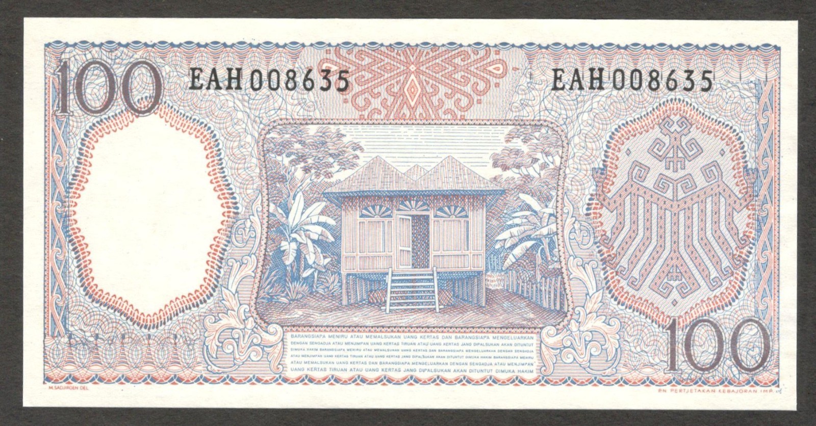 Indonesia 100 Rupiah Rubber Worker Blue P-98 1964 UNC- - Image 2