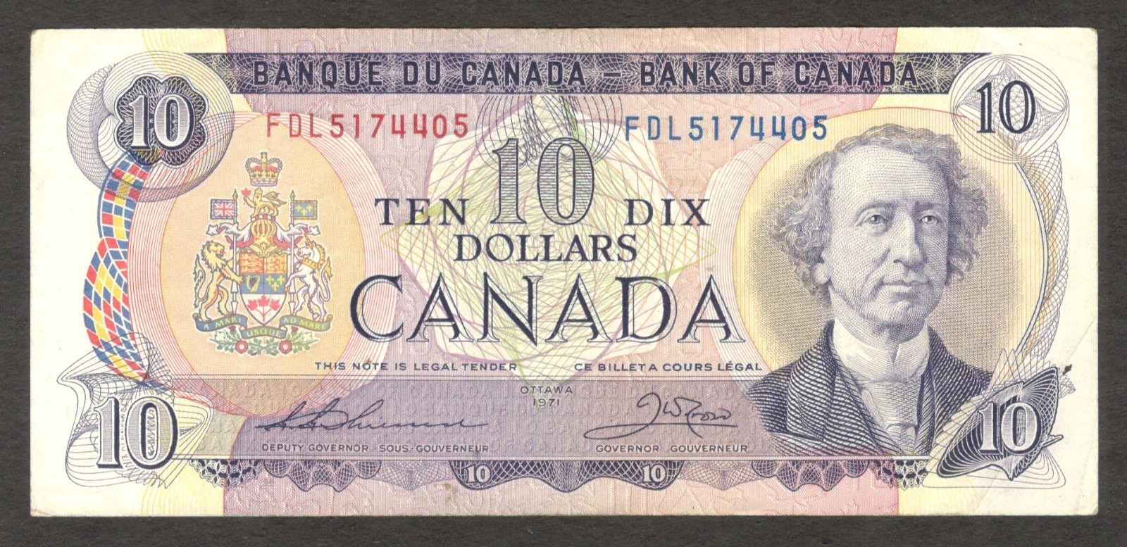Canada 10 Dollars Sir John Alexander McDon Thiessen & Crow P-88e Ottawa 1971 VF