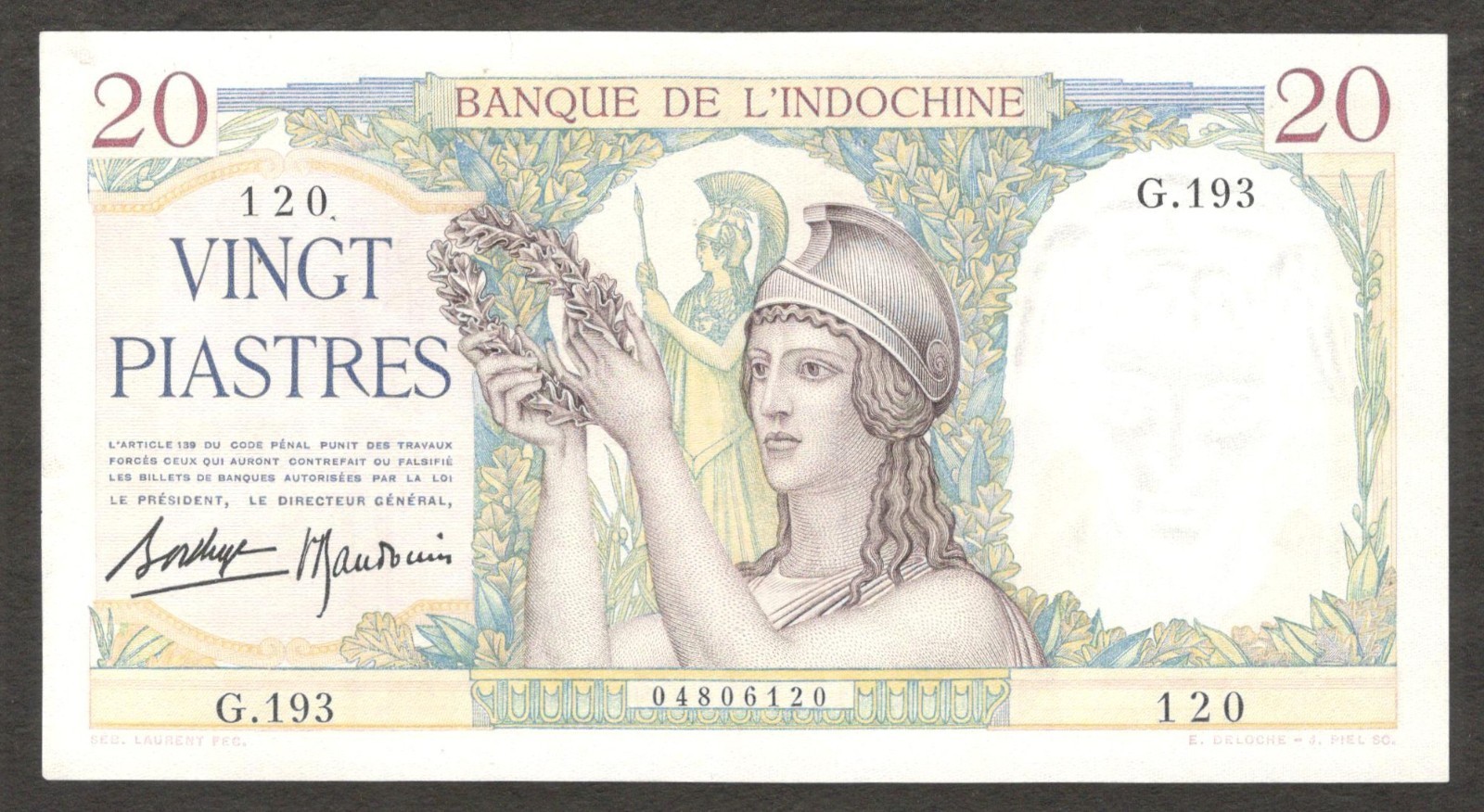 French Indochina Vietnam 20 Piastres Athena P-56b 1936 - 1939 aUNC