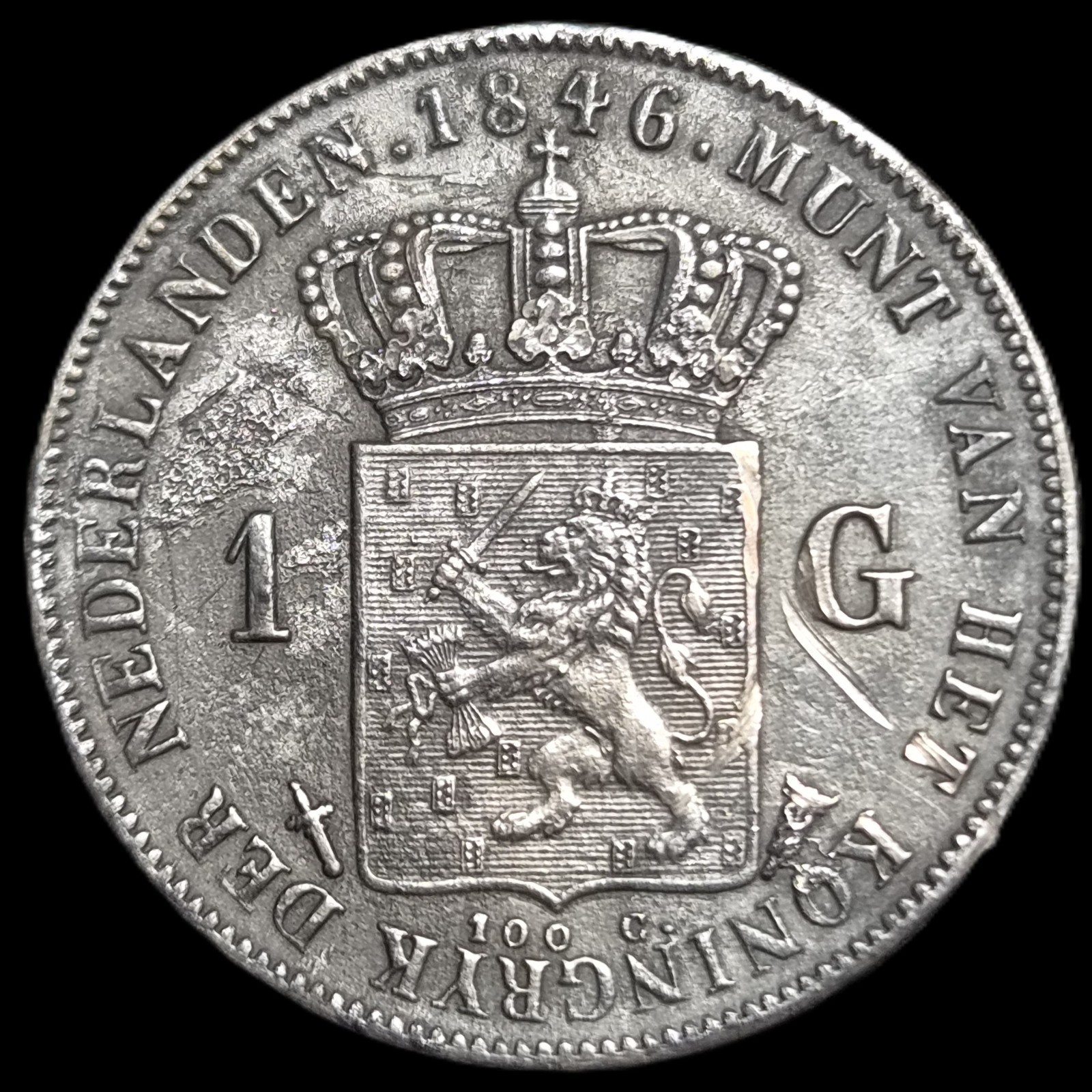 Netherlands 1 Gulden Willem William II 1846 Sword Mmt XF Sharp Detail - Image 2
