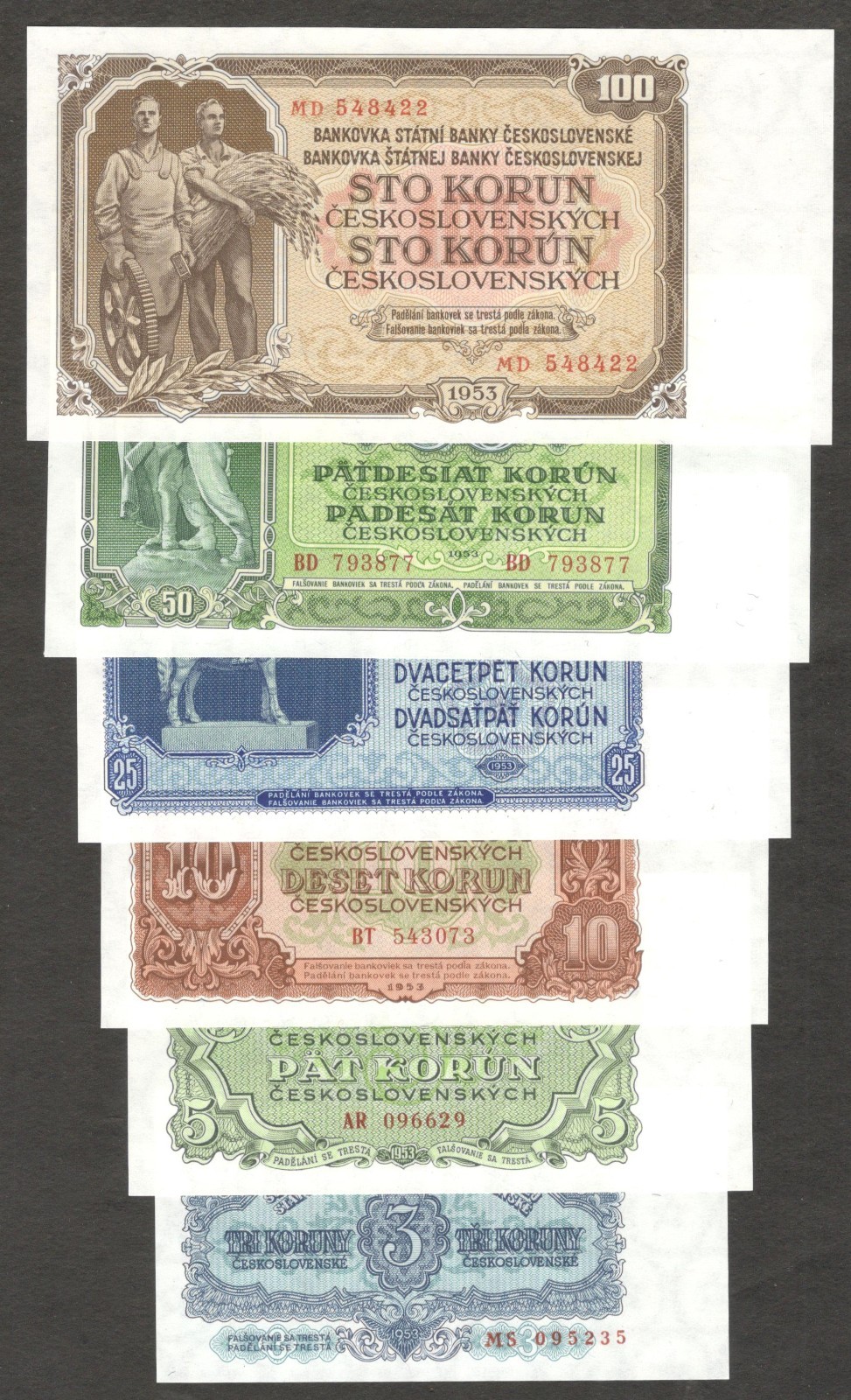 Set 6 Pcs Czechoslovakia 3 5 10 25 50 100 Korun P-79 80 83 84 85 86 1953 UNC