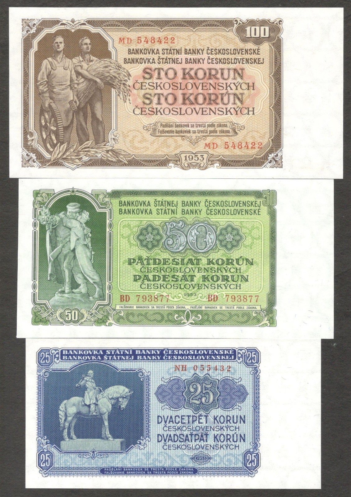 Set 6 Pcs Czechoslovakia 3 5 10 25 50 100 Korun P-79 80 83 84 85 86 1953 UNC - Image 3