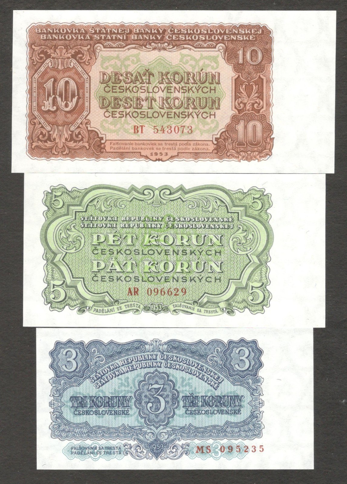 Set 6 Pcs Czechoslovakia 3 5 10 25 50 100 Korun P-79 80 83 84 85 86 1953 UNC - Image 5