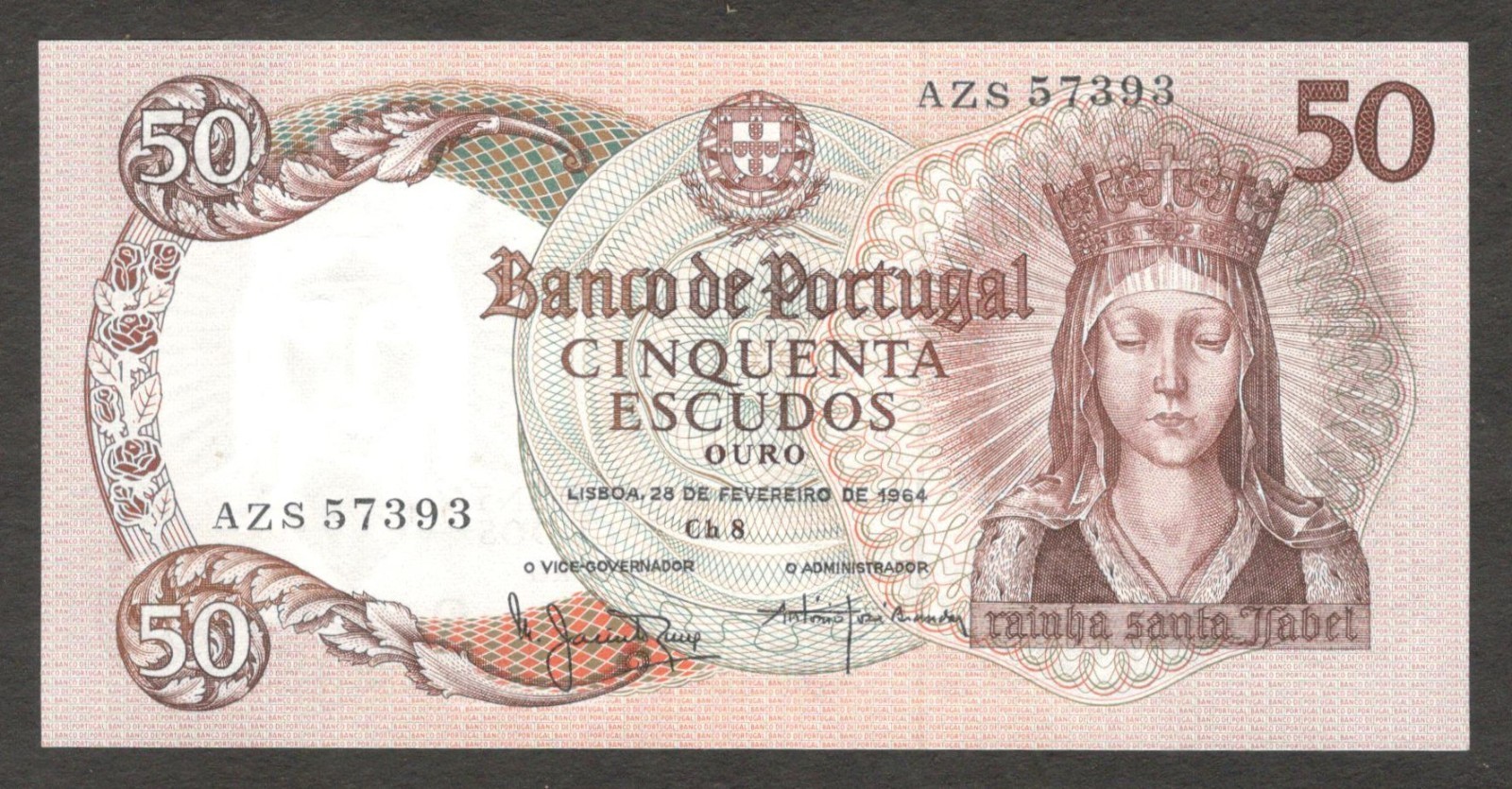 Portugal 50 Escudos Santa Isabel Manuel Jacinto & Antonio Jose P-168(5) 1964 UNC