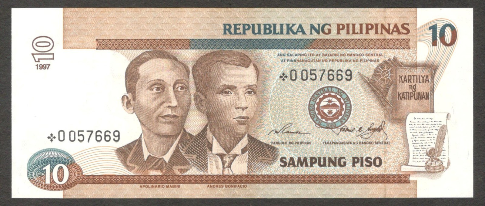 Philippines 10 Piso Pesos Two Portraits BlackSerial Replacement P-187a* 1997 UNC
