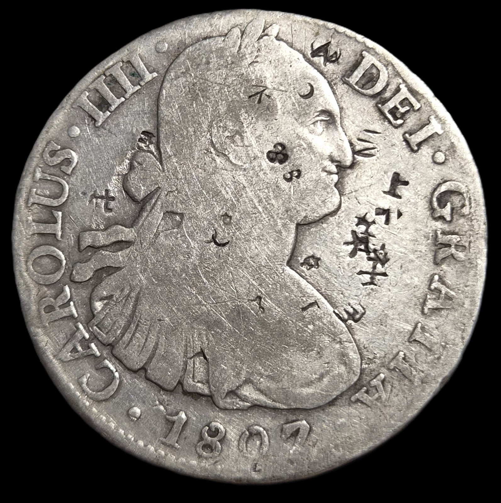 Mexico Spanish Colonial 8 Reales Carol Carolus IIII 1807 Mo TH Chinese Chopmark - Image 2