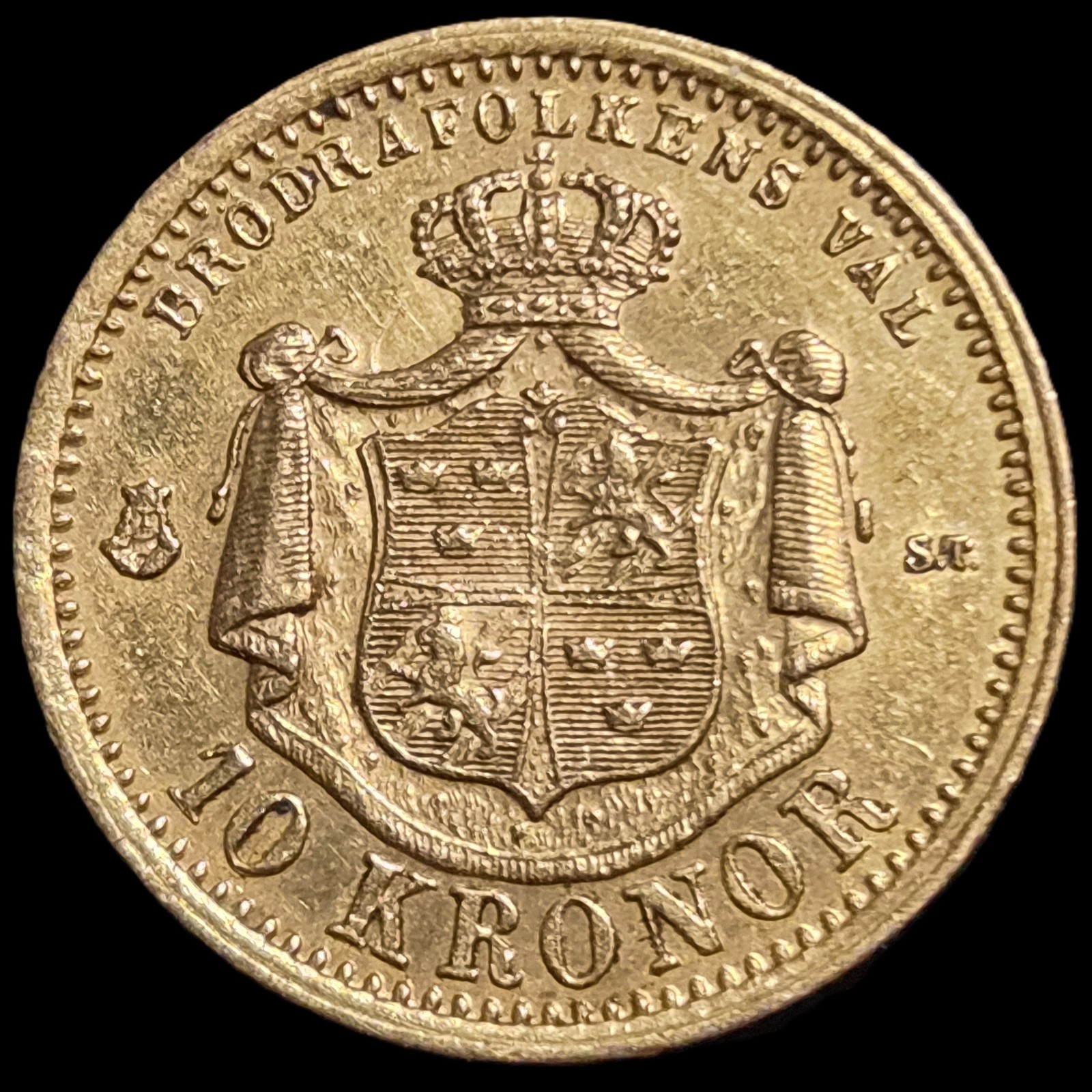 Sweden 10 Kronor Gold Oscar II 1876 XF Sharp Detail Low Mintage - Image 2