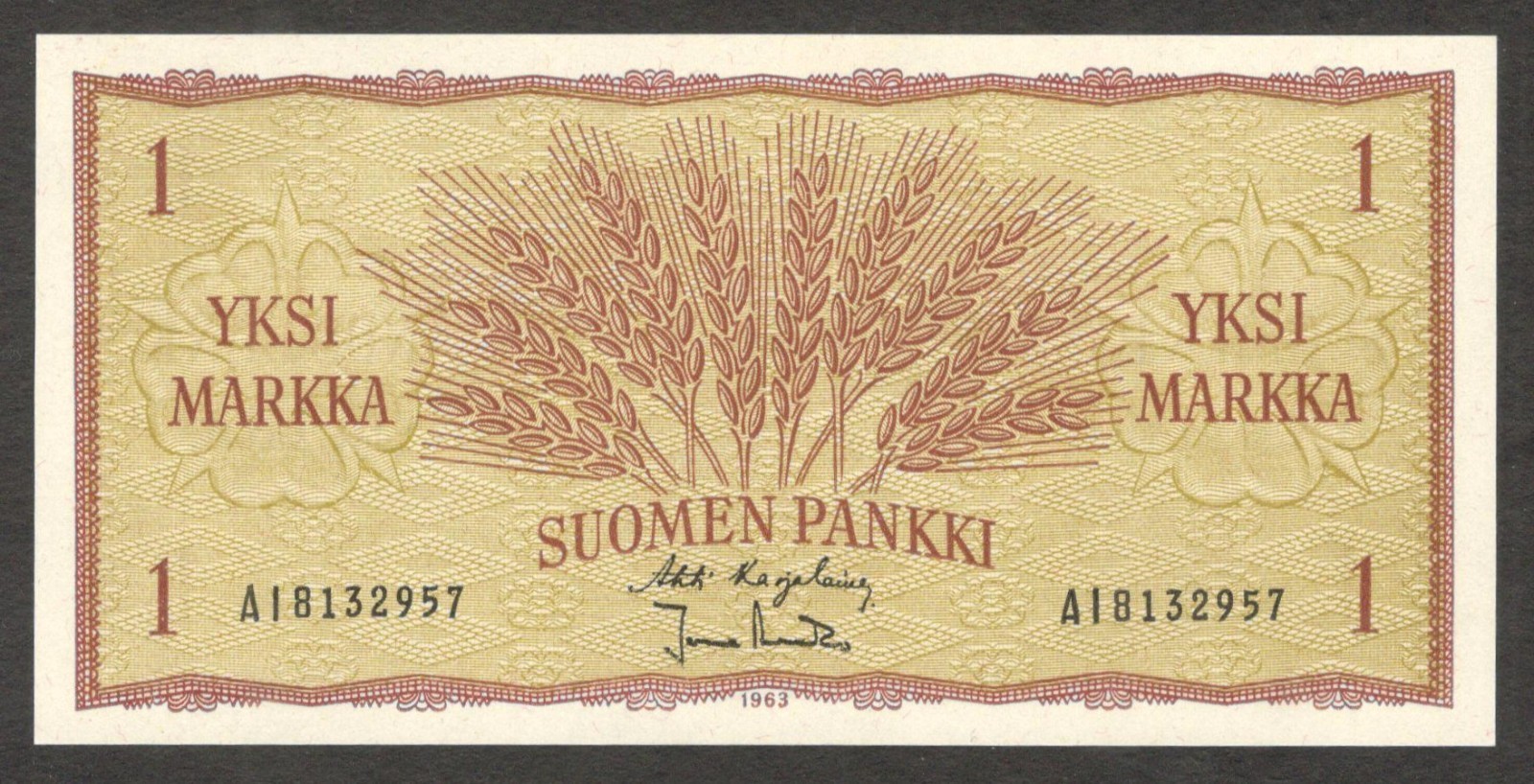 Finland 1 Markka Wheat Brown Karjalainen & Aranko P-98a(24) 1963 UNC