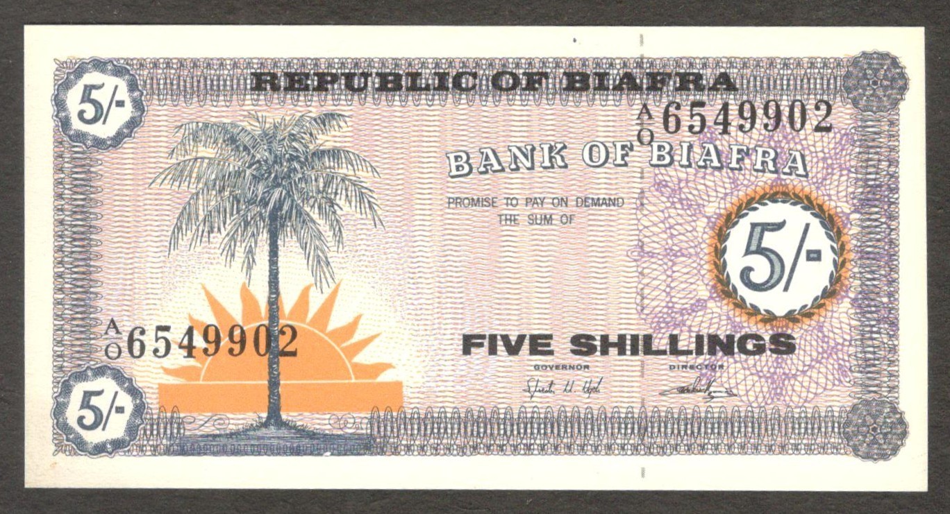 Biafra Nigeria 5 Shillings Sun with Rays P-1 1968 UNC - Image 5
