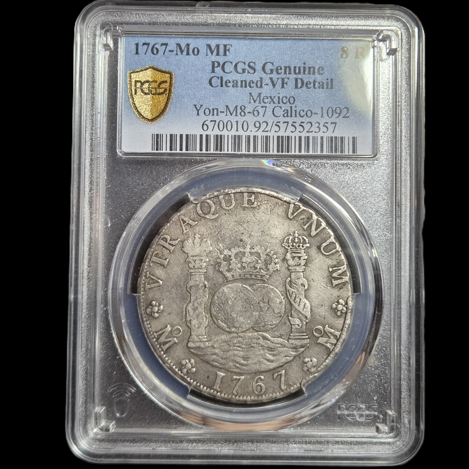 Mexico Spanish Colonial 8 Reales Two Pillar Carolus III 1767 Mo MF Mexico Mint - Image 3
