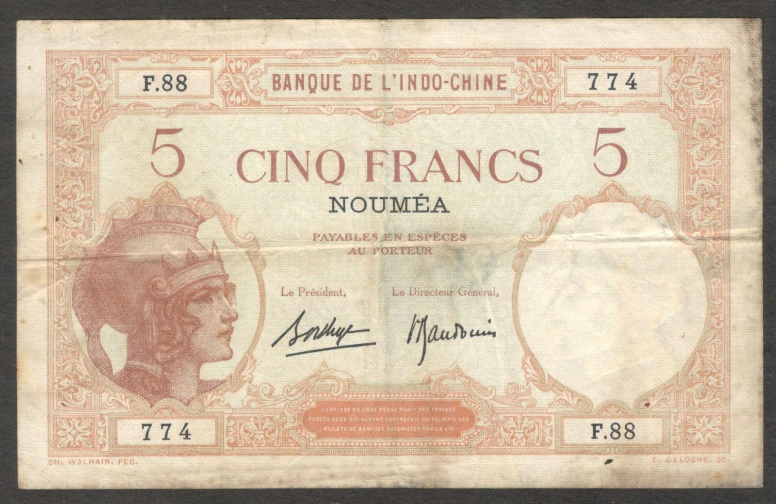 French Pacific New Caledonia Noumea 5 Francs P-36b(2) 1926 VF - Image 5