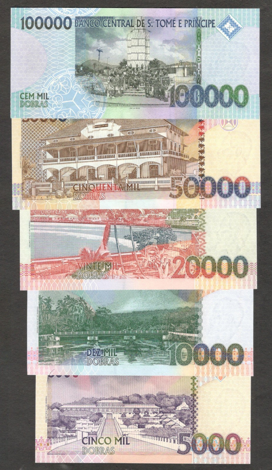 Saint Thomas Sao Tome Set 5 Pcs 5000 10000 20000 50K 100K Dobras 1996 - 2013 UNC - Image 2