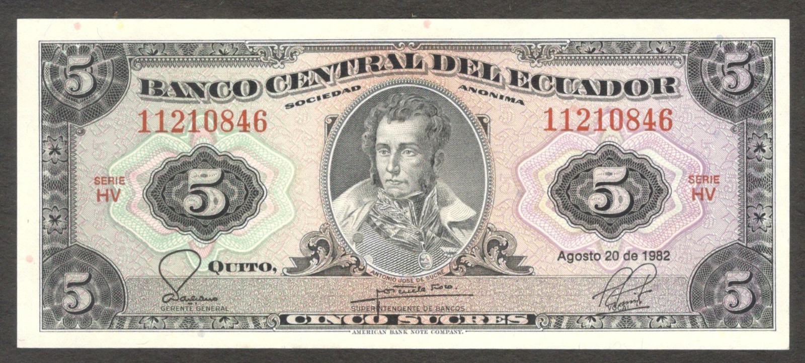 Ecuador 5 Sucres Antonio José de Sucre ABNC P-108b(2) UNC
