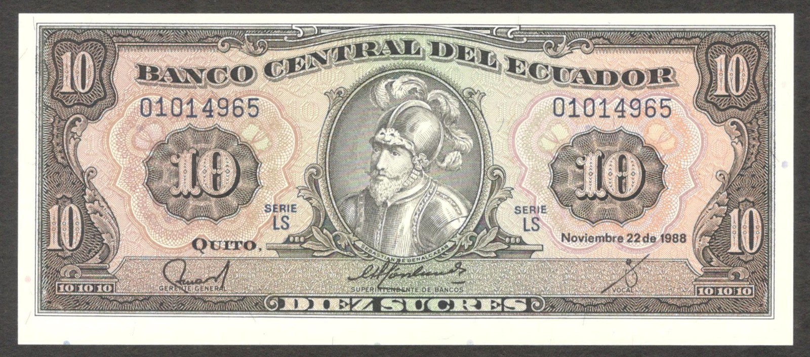 Ecuador 10 Sucres Sebastián de Benalcazar No Imprint & Black Serial P-121(5) UNC