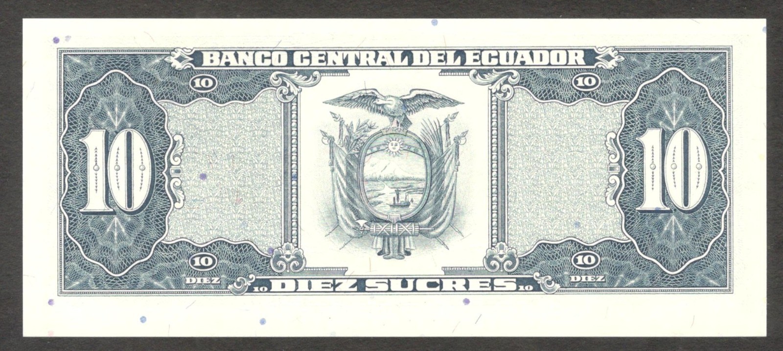 Ecuador 10 Sucres Sebastián de Benalcazar No Imprint & Black Serial P-121(5) UNC - Image 2