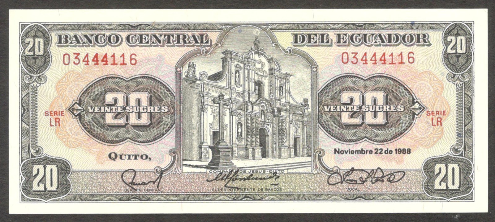Ecuador 20 Sucres Compania de Jesus church No Imp & Red Ser. P-121Aa(2) 1988 UNC - Image 5