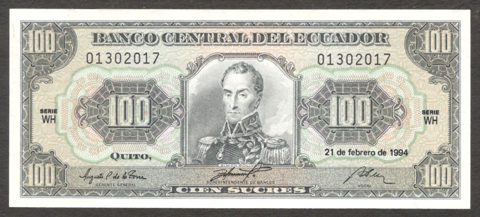 Ecuador 100 Sucres Simon Bolivar No Imp & Black Serial P-123Ac(2) 1994 UNC