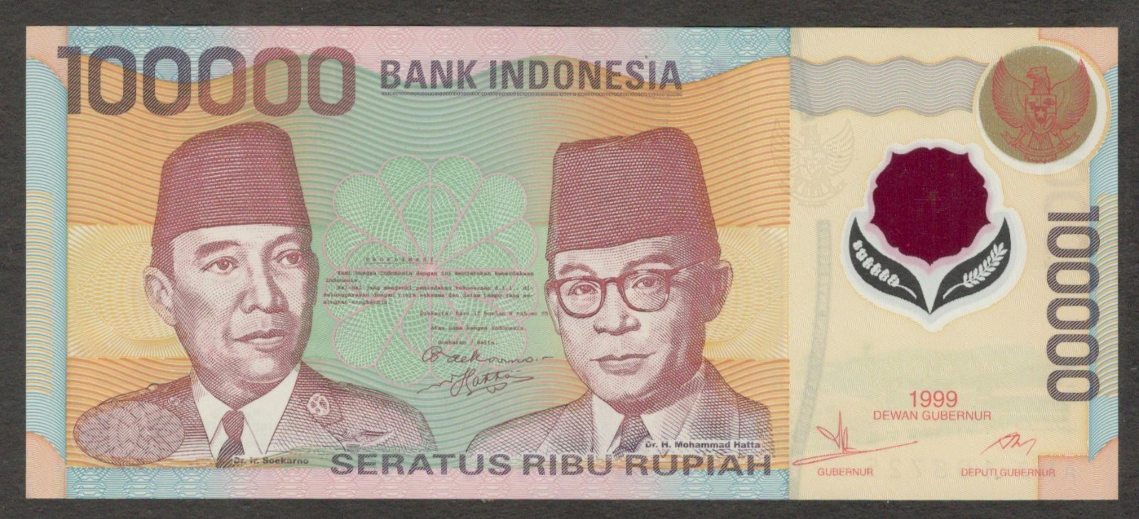 Indonesia 100000 100,000 Rupiah Soekarno Hatta Polymer P-140 1999 UNC