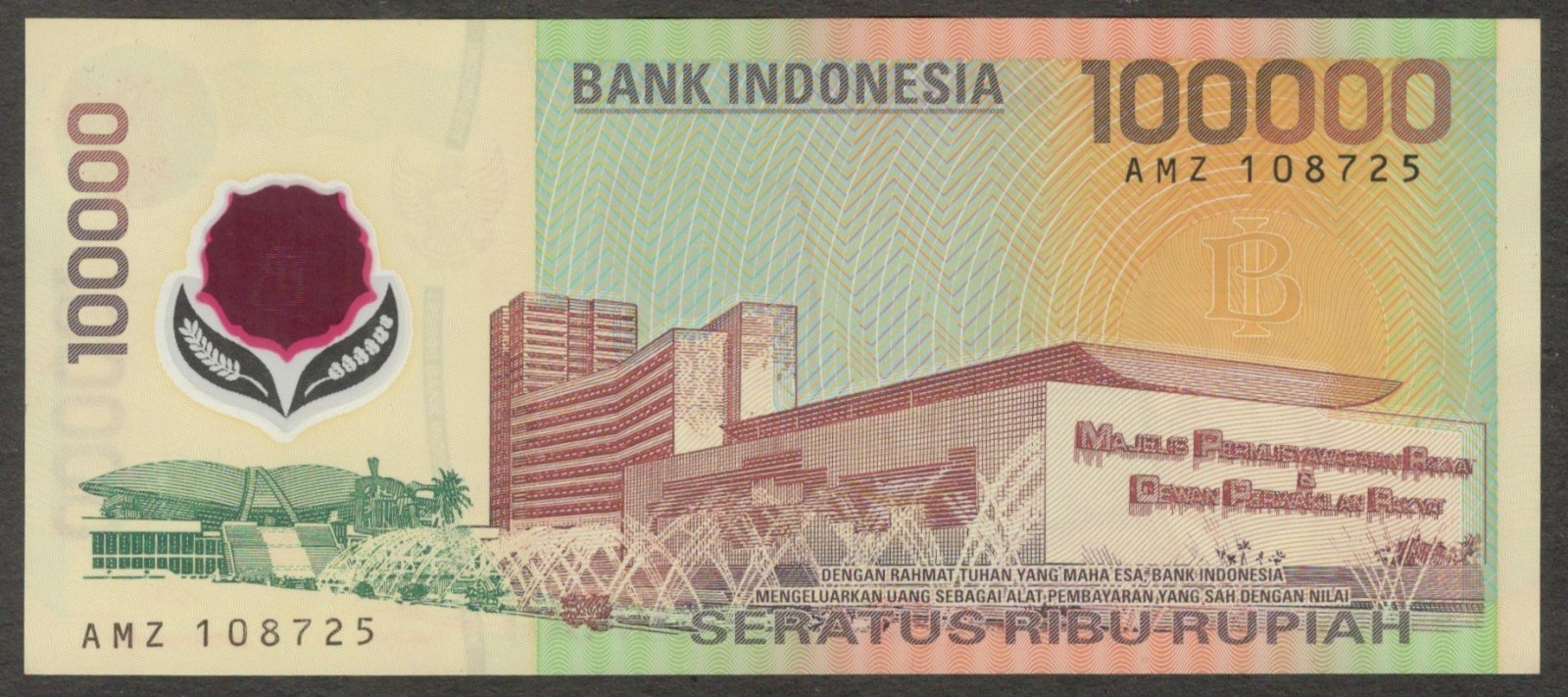 Indonesia 100000 100,000 Rupiah Soekarno Hatta Polymer P-140 1999 UNC - Image 2