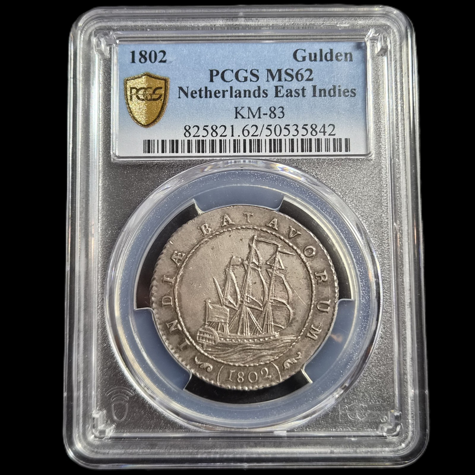 Netherlands Indies Batavian Republic 1 Gulden Batavorum VOC Ship 1802 PCGS MS 62