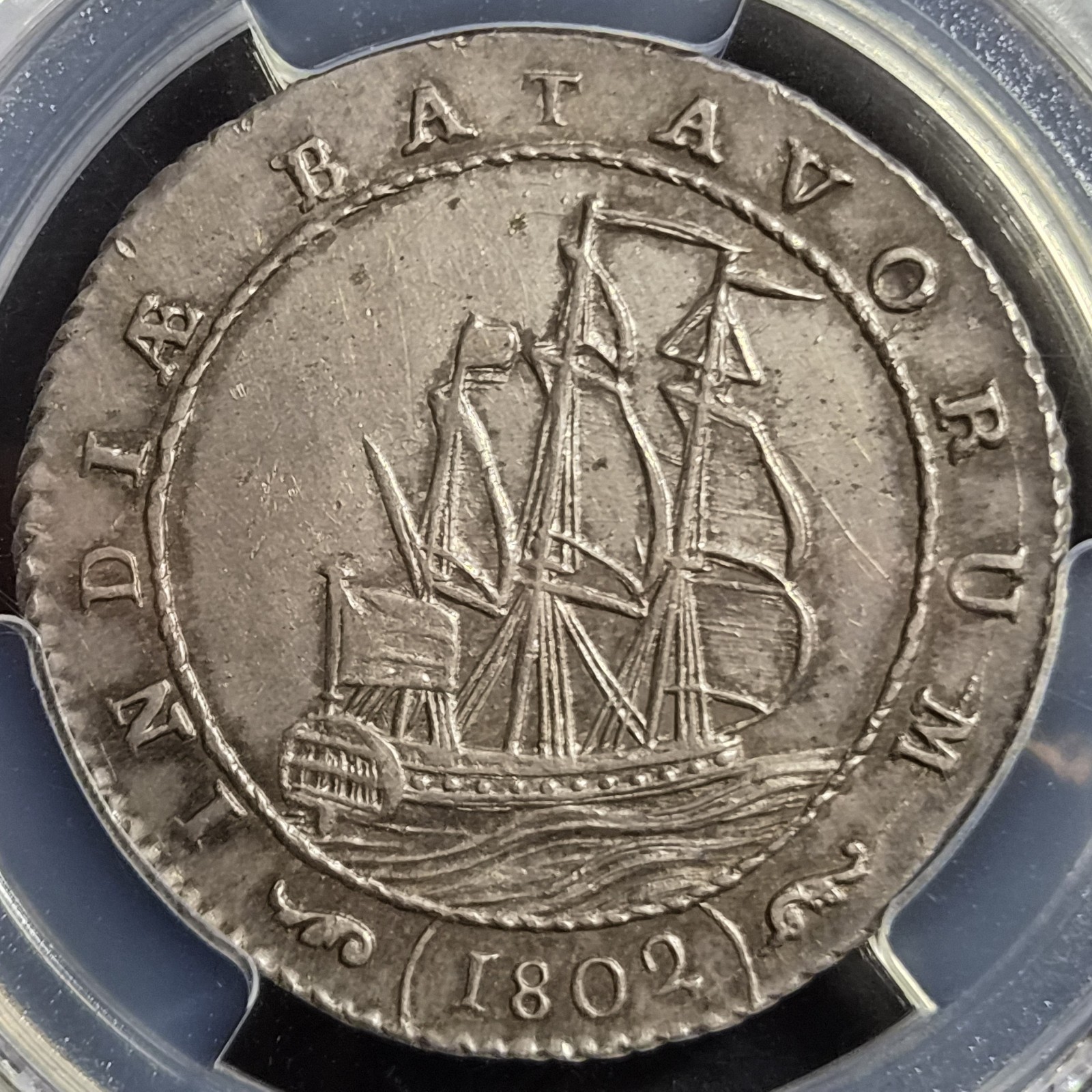 Netherlands Indies Batavian Republic 1 Gulden Batavorum VOC Ship 1802 PCGS MS 62 - Image 2