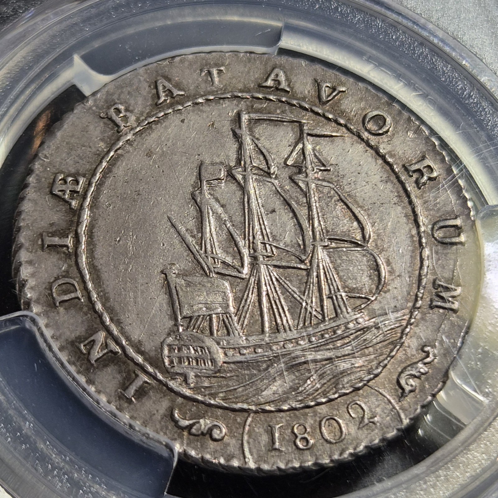 Netherlands Indies Batavian Republic 1 Gulden Batavorum VOC Ship 1802 PCGS MS 62 - Image 3