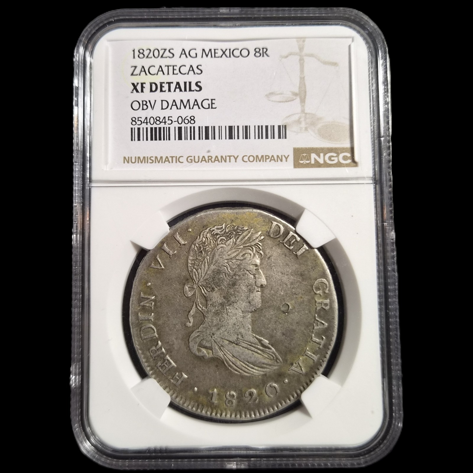 Mexico War of Independence 8 Reales Ferdinand VII 1820 Zs AG Zacatecas NGC VF - Image 3