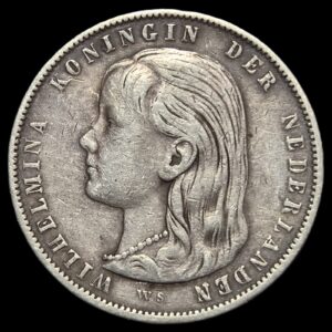 Netherlands 1 Gulden Wilhelmina Longhair Thin Lettered Edge 1897 XF Sharp Detail