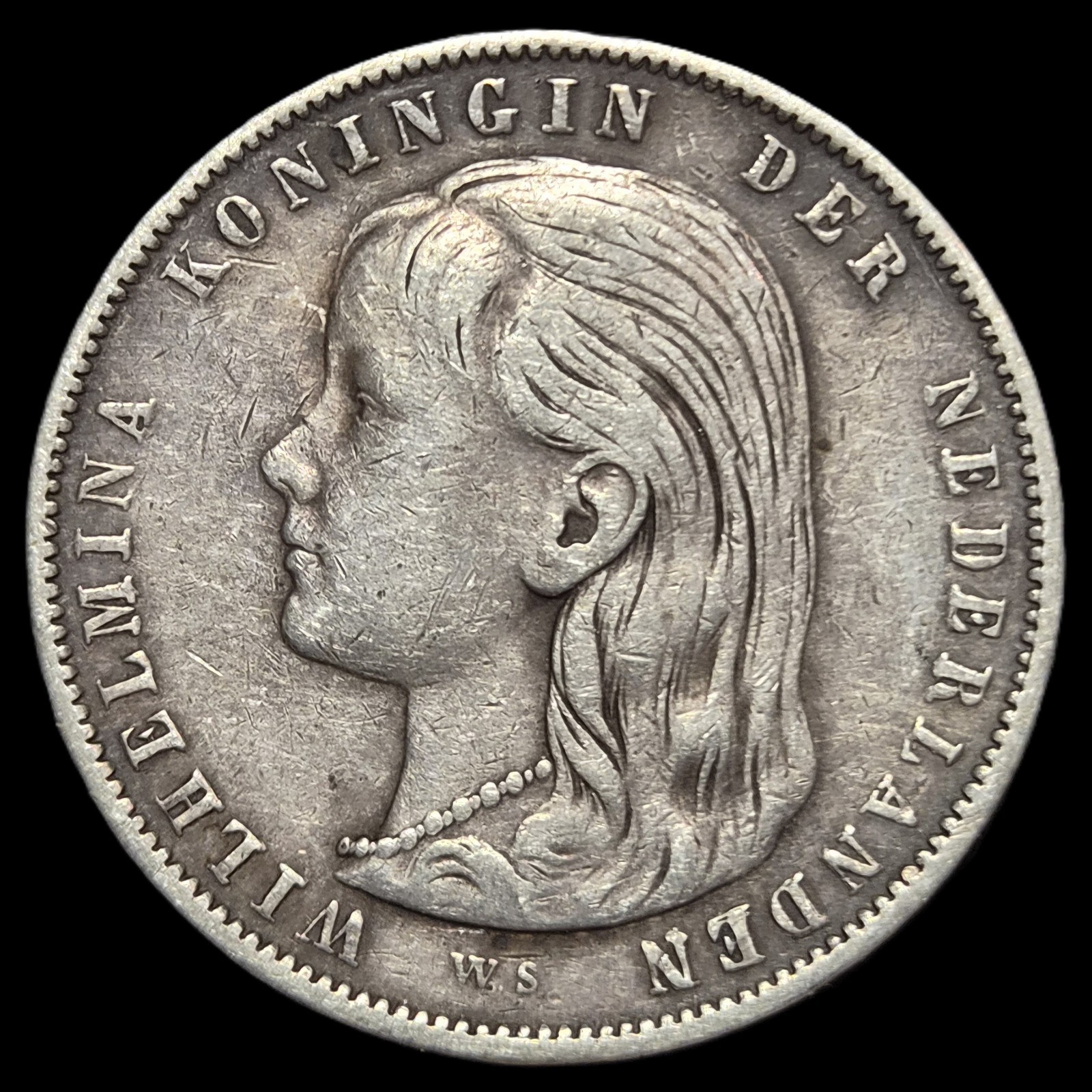 Netherlands 1 Gulden Wilhelmina Longhair Thin Lettered Edge 1897 XF Sharp Detail