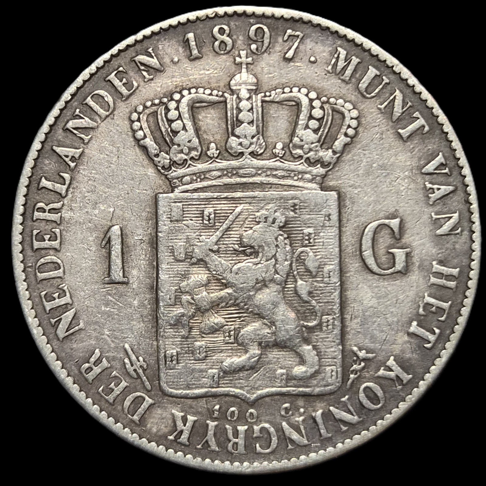Netherlands 1 Gulden Wilhelmina Longhair Thin Lettered Edge 1897 XF Sharp Detail - Image 2