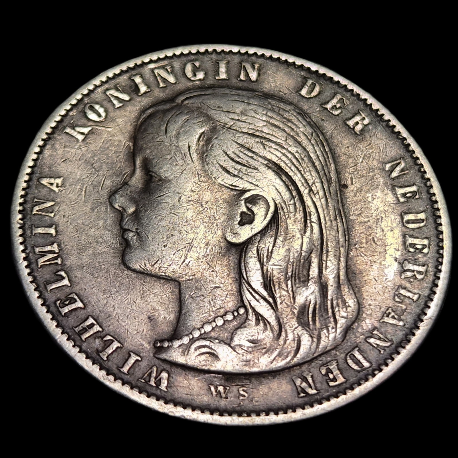 Netherlands 1 Gulden Wilhelmina Longhair Thin Lettered Edge 1897 XF Sharp Detail - Image 3