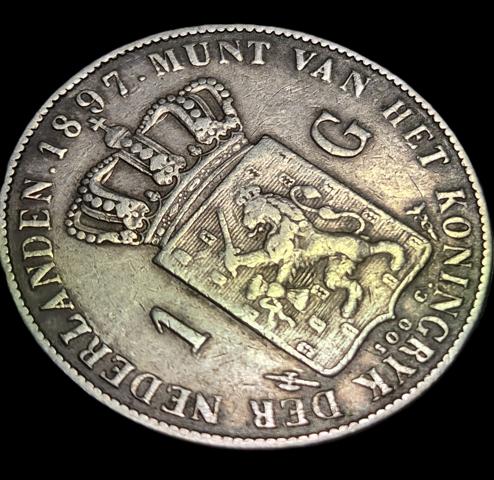 Netherlands 1 Gulden Wilhelmina Longhair Thin Lettered Edge 1897 XF Sharp Detail - Image 4
