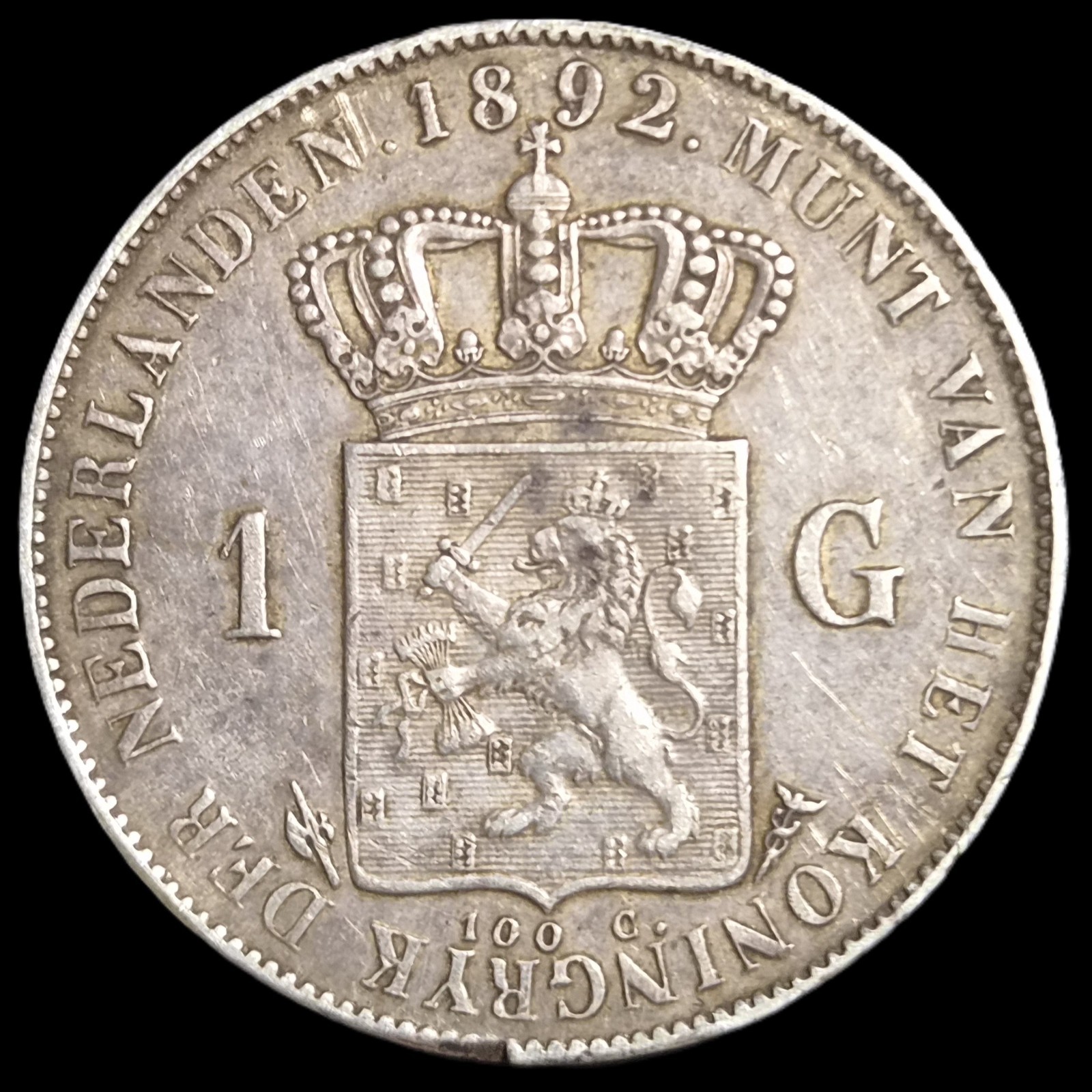Netherlands 1 Gulden Wilhelmina Longhair 1892 XF Sharp Detail - Image 2