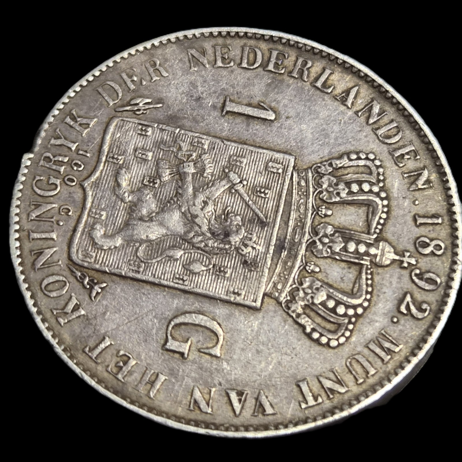 Netherlands 1 Gulden Wilhelmina Longhair 1892 XF Sharp Detail - Image 4